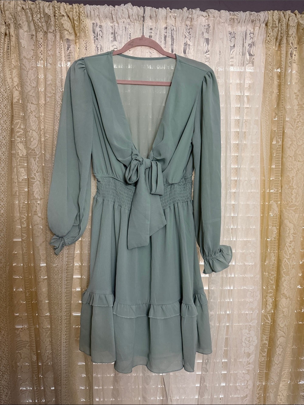 Tie-Front Sage Green Women's Dress